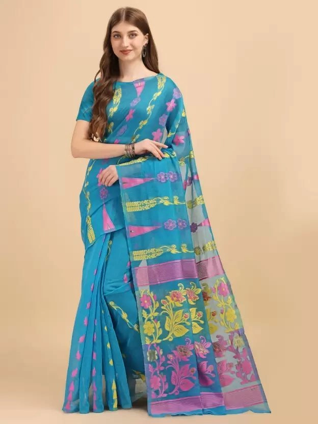 SKY BLUE JAMDANI SAREE WITH MULTI COLOR MOTIFS – ShopBollyWear.Com